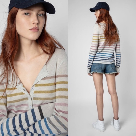 NWT Zadig & Voltaire Hila Lurex Metallic Striped Merino Wool Sweater Pullover S - Picture 2 of 11